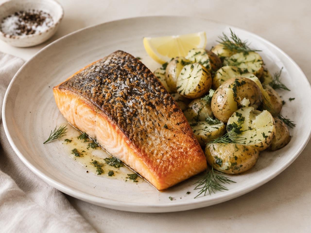 Crispy Salmon with Herb Crushed Potatoes