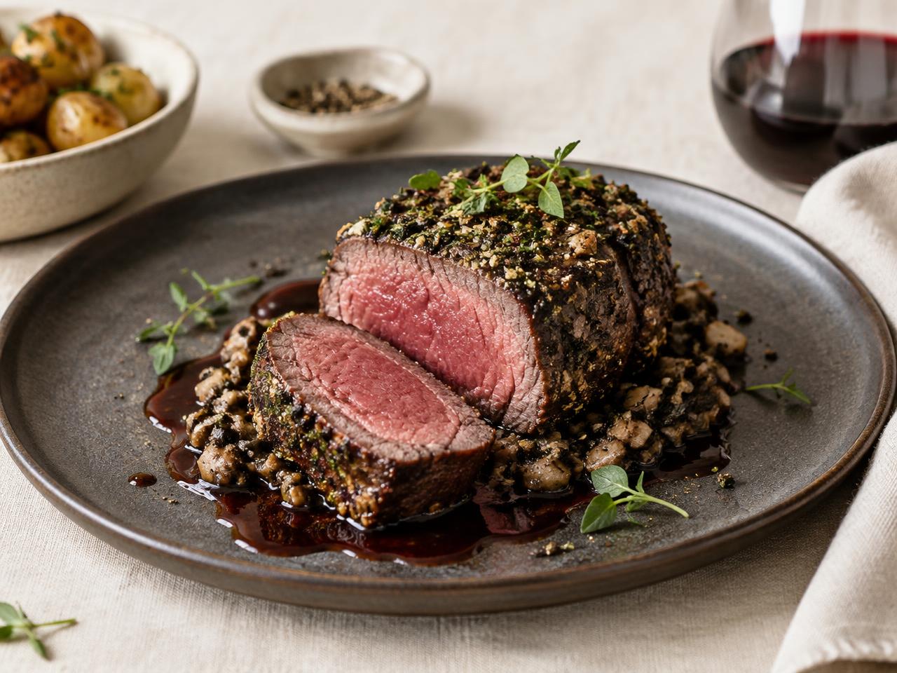 Herb-Crusted Beef Fillet with Mushroom Duxelles