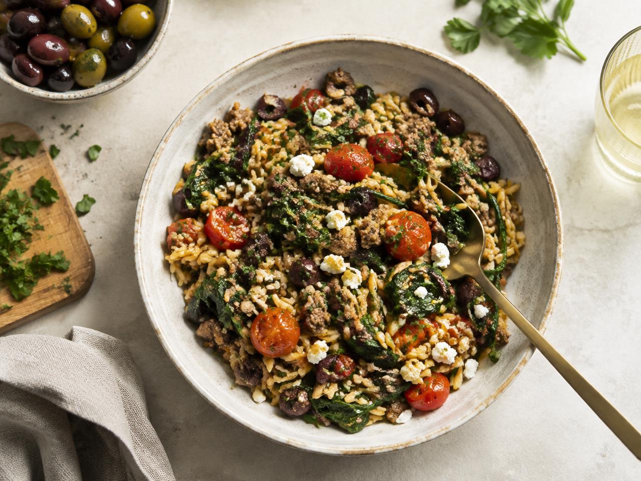 Mediterranean Beef Orzo with Greens