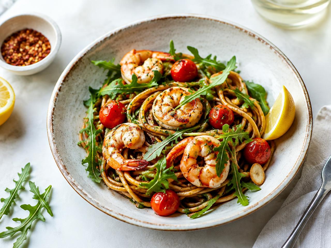 Prawn, Tomato & Arugula Spaghetti