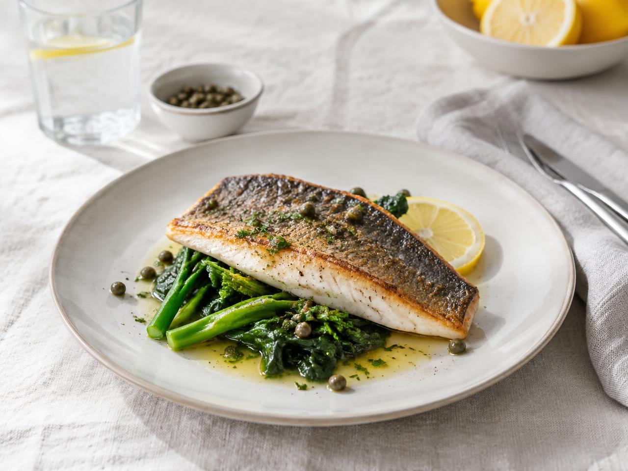Seared Sea Bass with Lemon Caper Greens