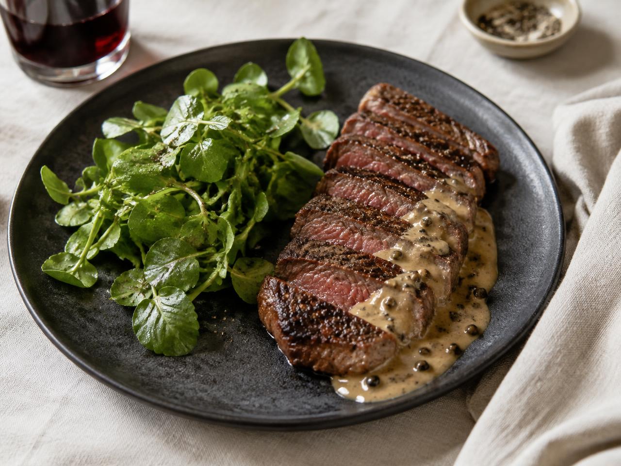 Sirloin with Peppercorn Sauce & Watercress
