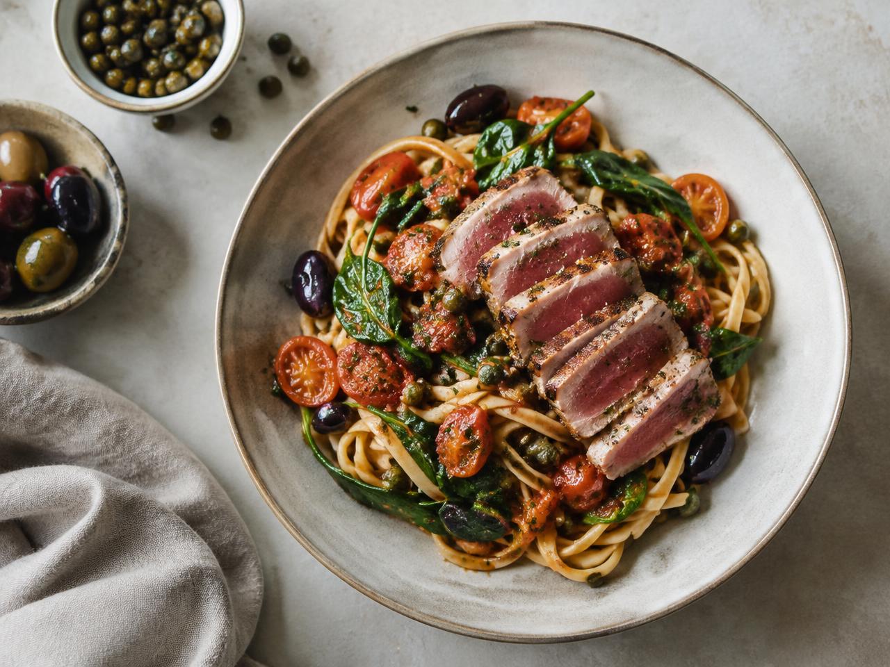 Seared Tuna Puttanesca with Spinach