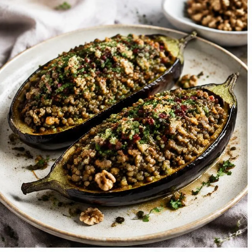 Lentil Walnut Stuffed Aubergine