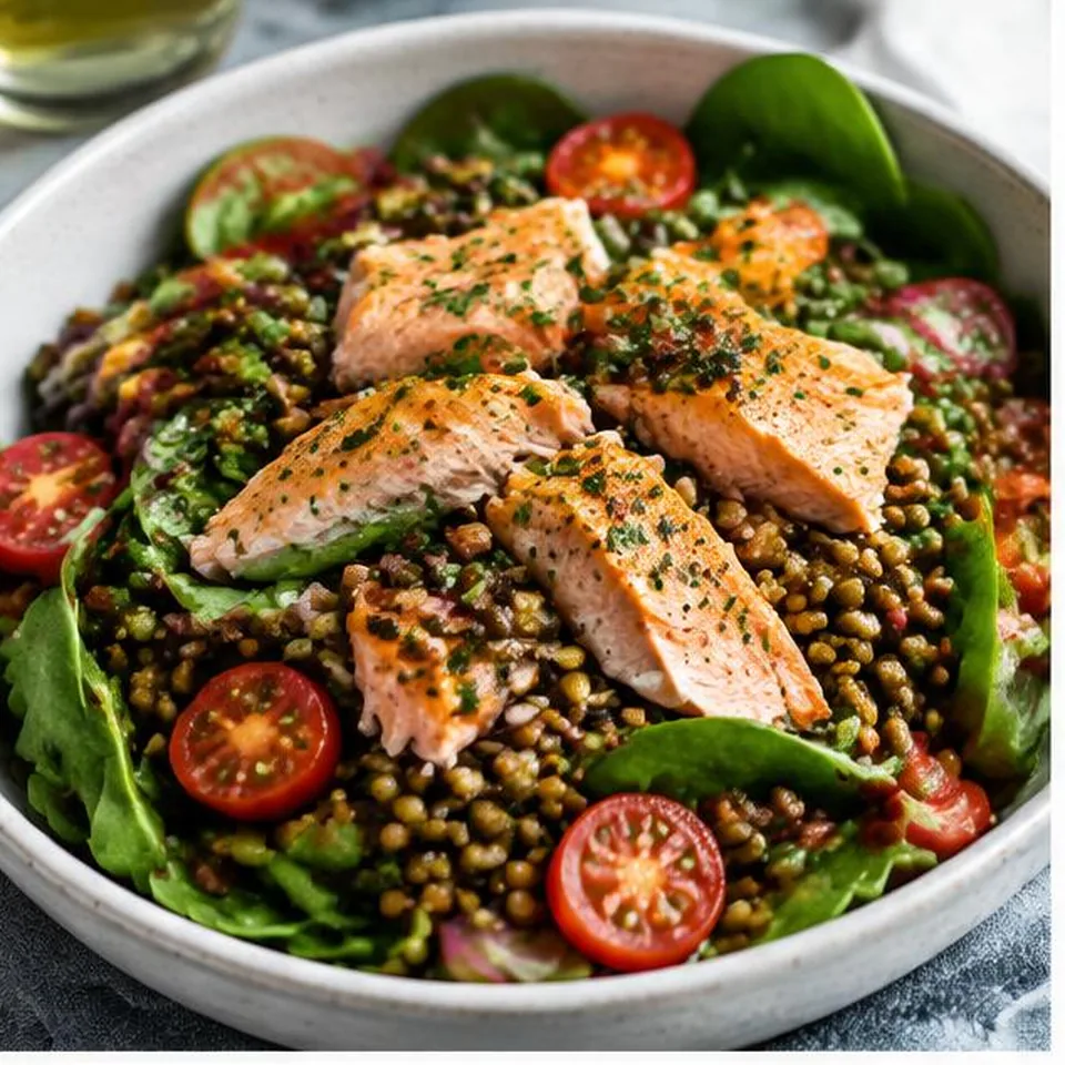 Salmon Lentil Spinach Salad